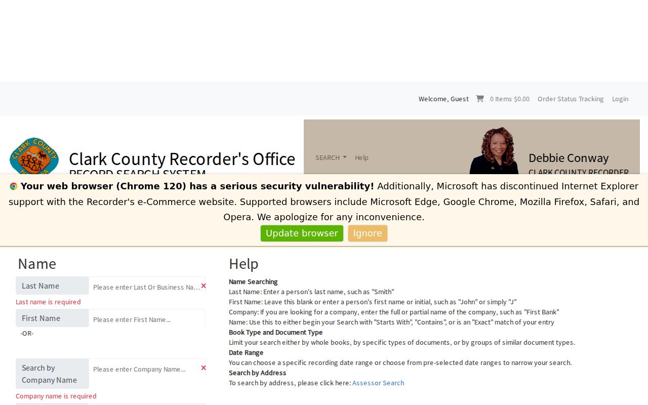 Enterprise people search in the Clark County Recorder name portal