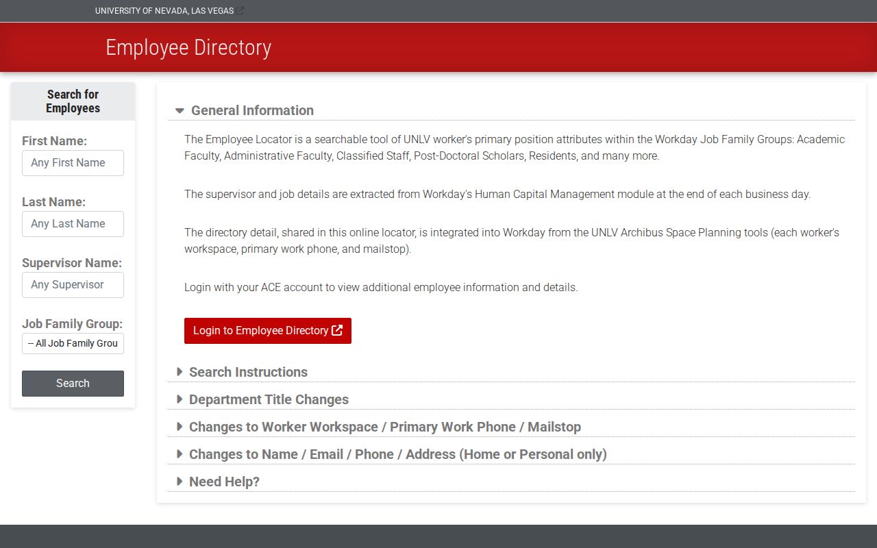 Enterprise people directories shown through the UNLV Employee Locator