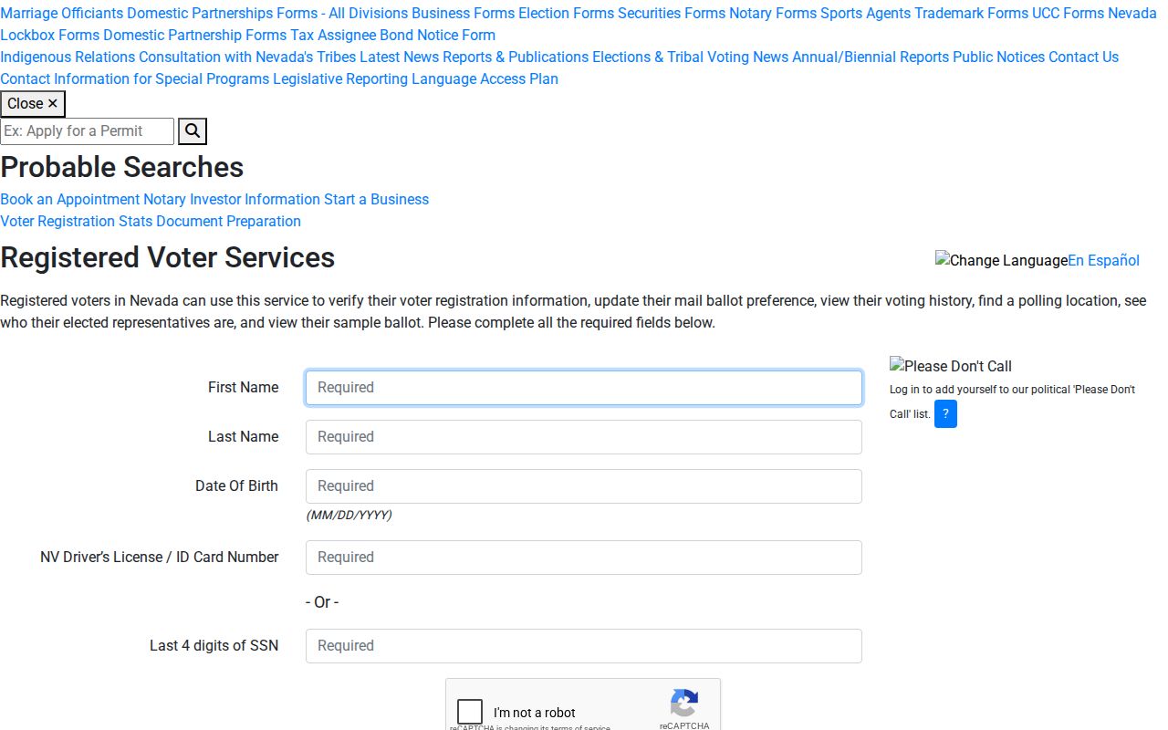 Enterprise voter registration records form in Nevada Registered Voter Services